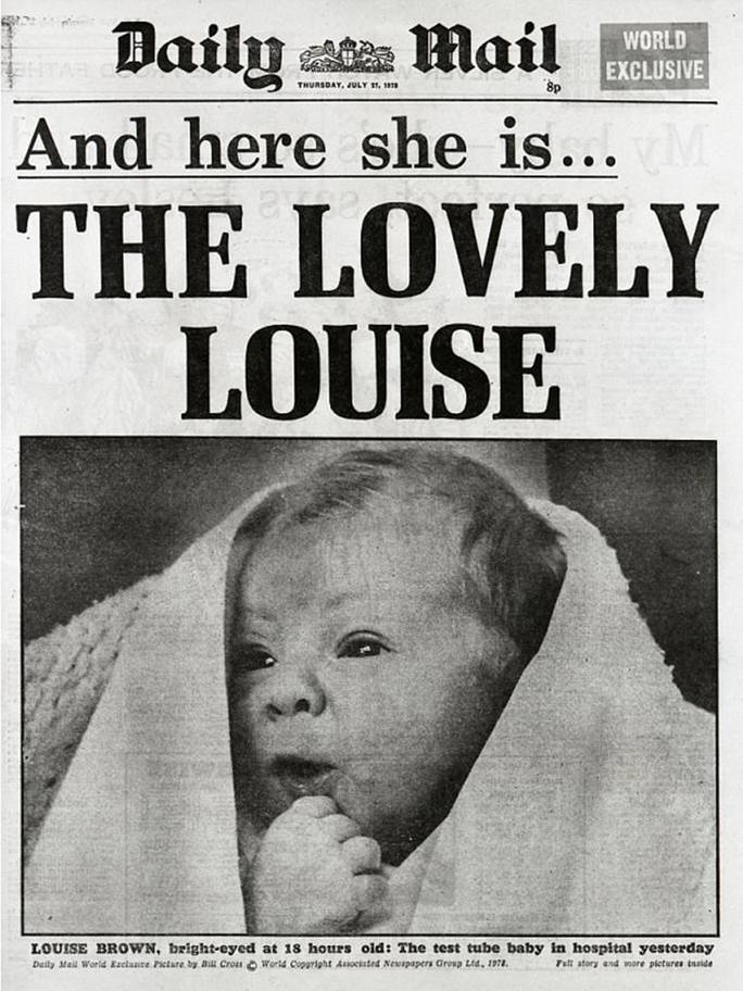 Article du journal Daily Mail qui montre le premier bébé éprouvette = Louise Brown