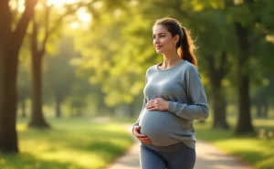 Une femme enceinte en tenue de sport marche d’un pas vif dans un parc verdoyant baigné de lumière douce.