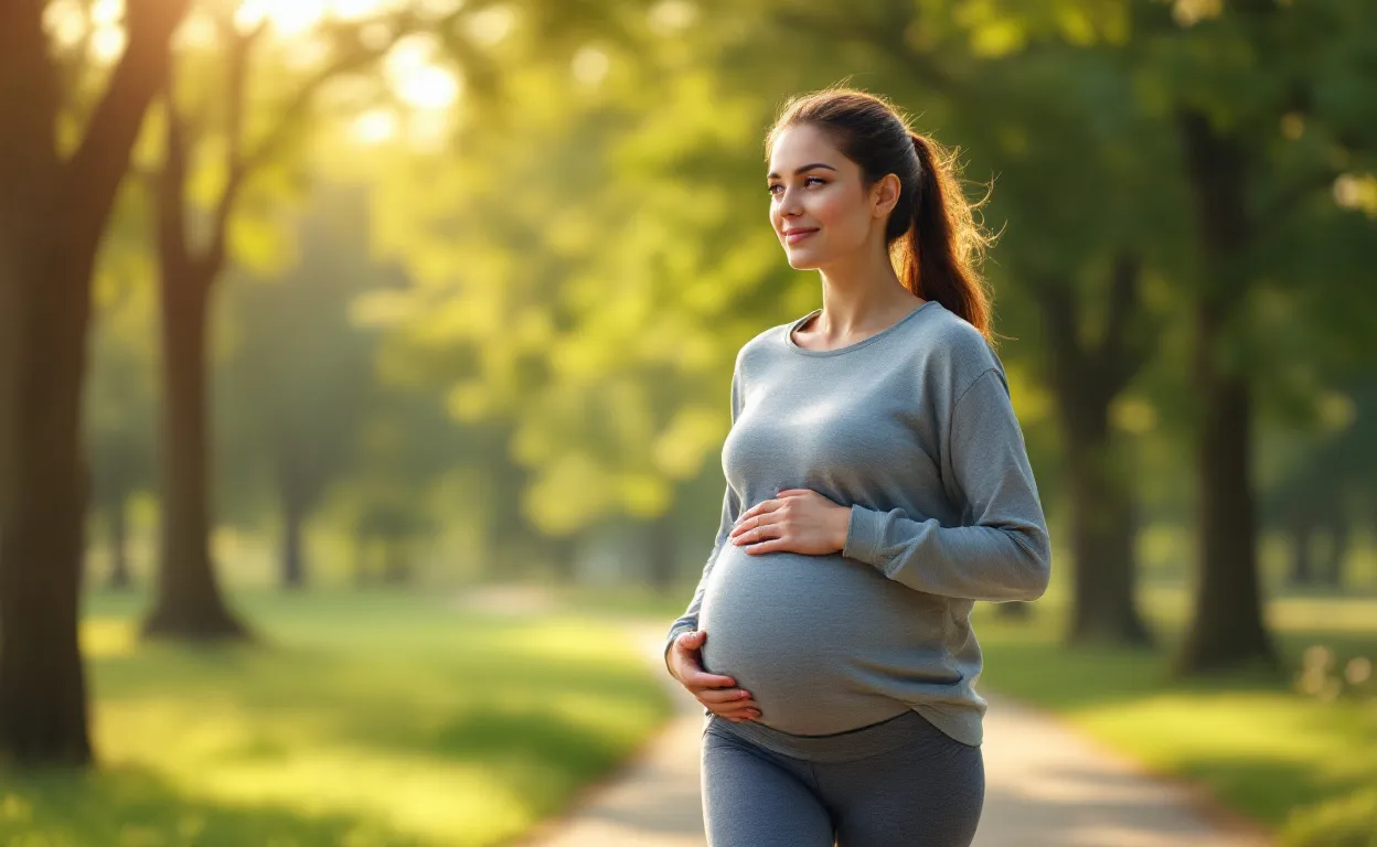 Une femme enceinte en tenue de sport marche d’un pas vif dans un parc verdoyant baigné de lumière douce.